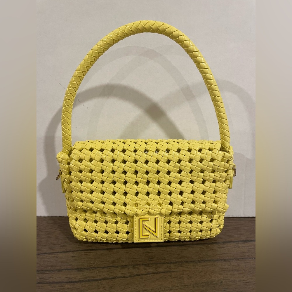 Expressions NYC Yellow Pleather Woven Crossbody Shoulder Bag Purse